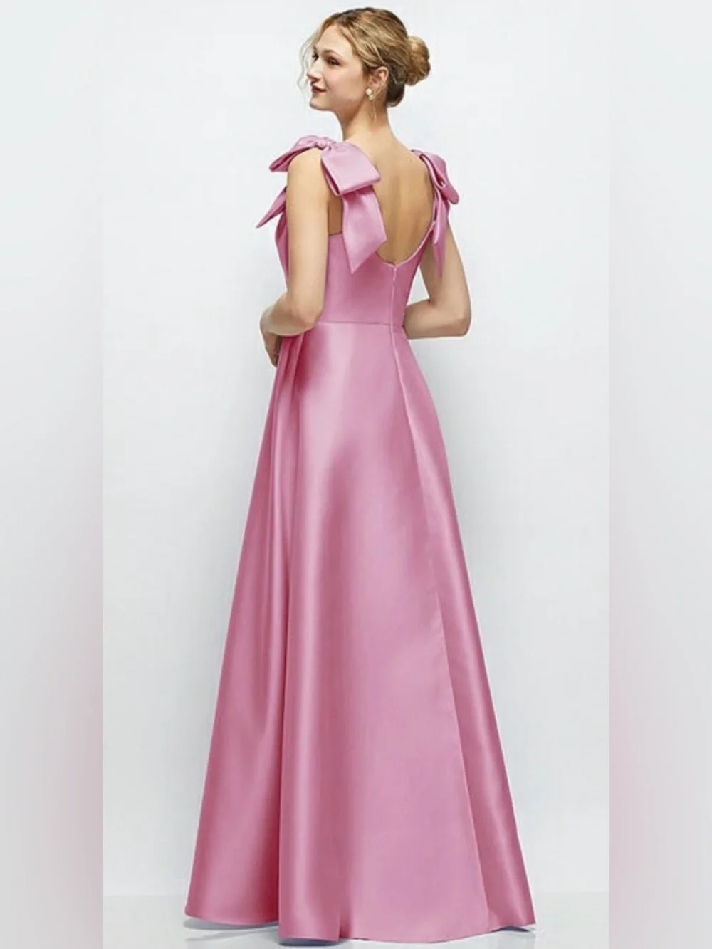ALFRED SUNG Pink Satin Maxi Dress with Bow Shoulders - Picture 1 of 3